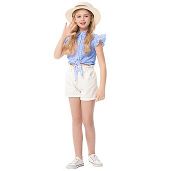 Girls' Flying Sleeves Tie Shirt Top Crop Button Up Blouse
