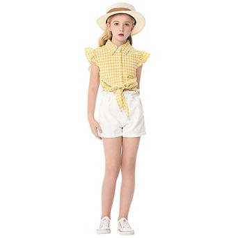 Girls' Flying Sleeves Tie Shirt Top Crop Button Up Blouse