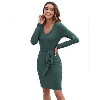 Women's V-Neck Long Sleeve Tie Waist Bodycon Slim Fit Midi Dresses