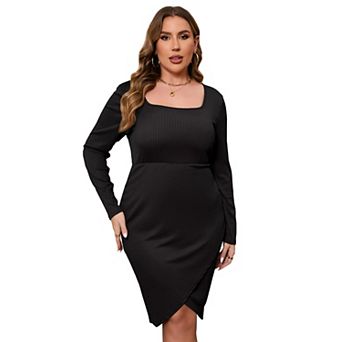 Women's Plus Size Square Neck Long Sleeve Dress Elegant Stretchy Midi Dress