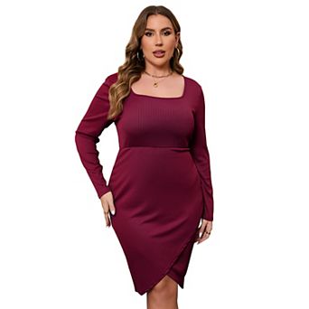 Women's Plus Size Square Neck Long Sleeve Dress Elegant Stretchy Midi Dress