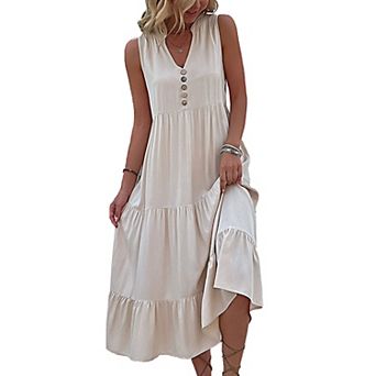 Women Dress Sleeveless V Neck Button Summer Midi Dress Casual Smocked Flowy Dresses