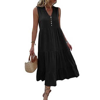 Women Dress Sleeveless V Neck Button Summer Midi Dress Casual Smocked Flowy Dresses