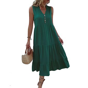 Women Dress Sleeveless V Neck Button Summer Midi Dress Casual Smocked Flowy Dresses