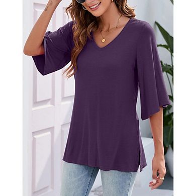 Womens Causal 3/4 Sleeve Blouse V-Neck Soft Summer Shirt