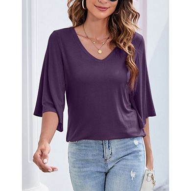 Womens Causal 3/4 Sleeve Blouse V-Neck Soft Summer Shirt