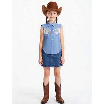 Girls' Sleeveless Fringe Button Down Shirt Cowboy Casual Blouse for Kids