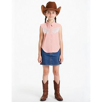 Girls' Sleeveless Fringe Button Down Shirt Cowboy Casual Blouse for Kids