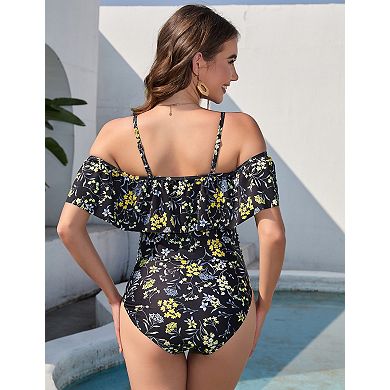 Women's One Piece Off-Shoulder Maternity Swimsuits Ruffle Pregnancy Bathing Suit