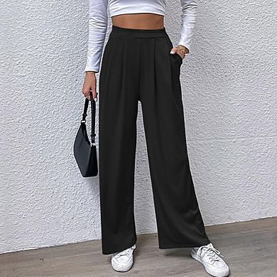 Women's Wide Leg Pants Elastic High Waisted Waffle Knit Casual Trousers with Pockets