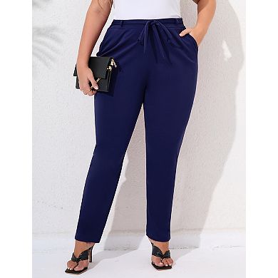 Women's Plus Size Pants Tie Front Elastic Waist Stretchy Side Pockets Casual Work