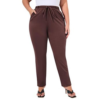 Women's Plus Size Pants Tie Front Elastic Waist Stretchy Side Pockets Casual Work