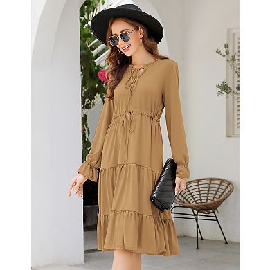 Women's Long Sleeve V Neck Casual Flowy A Line Tiered Work Midi Dresses