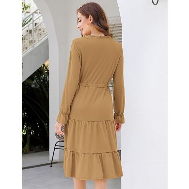 Women's Long Sleeve V Neck Casual Flowy A Line Tiered Work Midi Dresses
