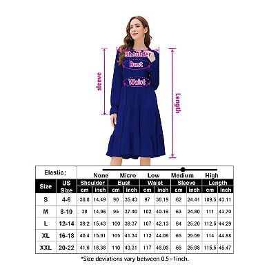 Women's Long Sleeve V Neck Casual Flowy A Line Tiered Work Midi Dresses