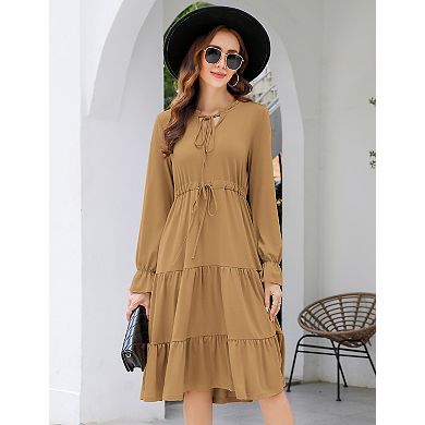 Women's Long Sleeve V Neck Casual Flowy A Line Tiered Work Midi Dresses