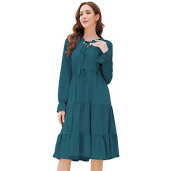 Women's Long Sleeve V Neck Casual Flowy A Line Tiered Work Midi Dresses