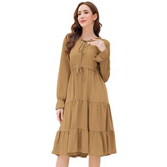Women's Long Sleeve V Neck Casual Flowy A Line Tiered Work Midi Dresses