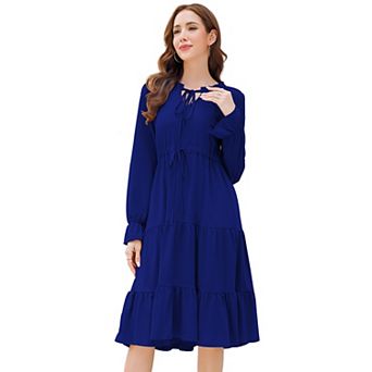 Women's Long Sleeve V Neck Casual Flowy A Line Tiered Work Midi Dresses