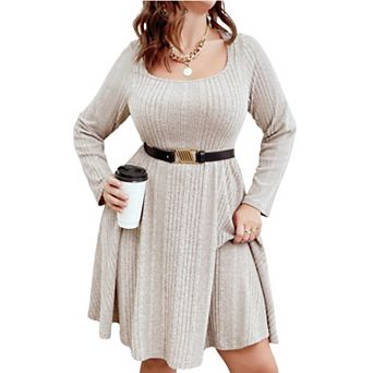 Women's Plus Size Square-Neck Dress Long Sleeve Stretchy Comfy Casual Dress