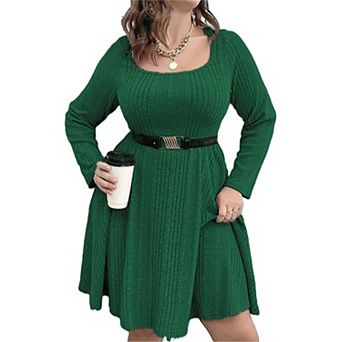 Women's Plus Size Square-Neck Dress Long Sleeve Stretchy Comfy Casual Dress