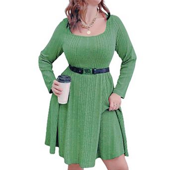 Women's Plus Size Square-Neck Dress Long Sleeve Stretchy Comfy Casual Dress