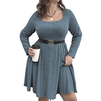 Women's Plus Size Square-Neck Dress Long Sleeve Stretchy Comfy Casual Dress