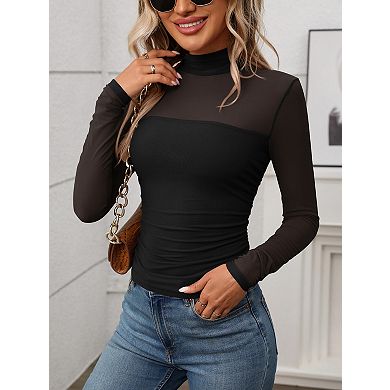 Sheer Lace Long Sleeve Top for Women, Mock Neck See-Through Blouse