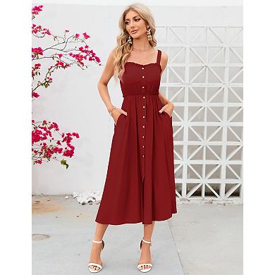 Womens Summer Dresses Button Down Pocketed Sundress High Waist Swing Midi Dress