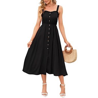 Womens Summer Dresses Button Down Pocketed Sundress High Waist Swing Midi Dress
