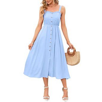 Womens Summer Dresses Button Down Pocketed Sundress High Waist Swing Midi Dress