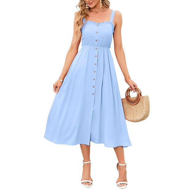 Womens Summer Dresses Button Down Pocketed Sundress High Waist Swing Midi  Dress