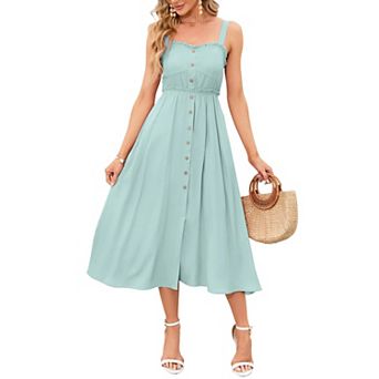 Womens Summer Dresses Button Down Pocketed Sundress High Waist Swing Midi Dress