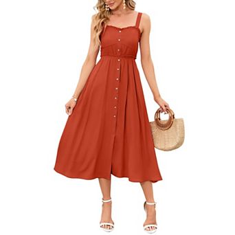 Womens Summer Dresses Button Down Pocketed Sundress High Waist Swing Midi Dress