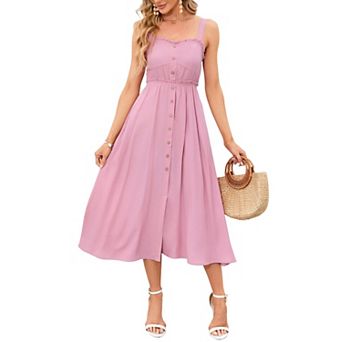 Womens Summer Dresses Button Down Pocketed Sundress High Waist Swing Midi Dress