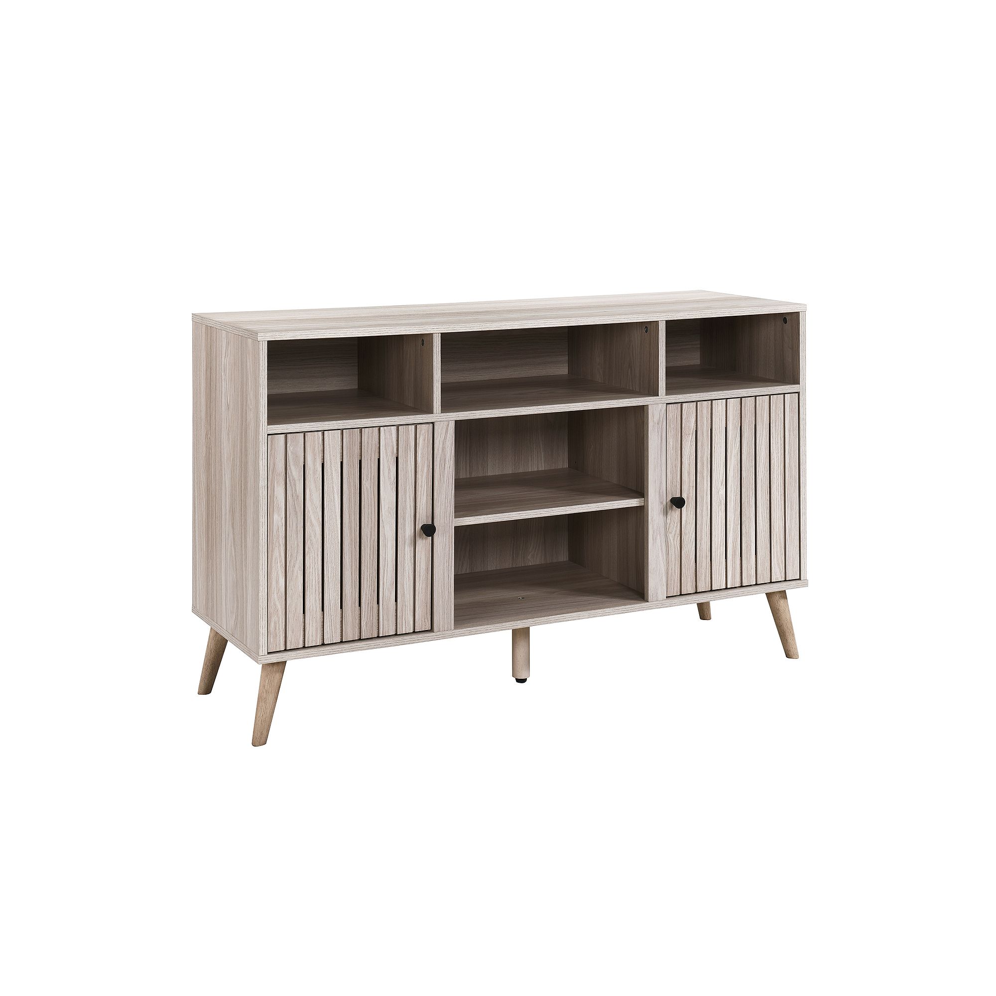 Wood TV stand with cabinets and slat doors on a plain background.