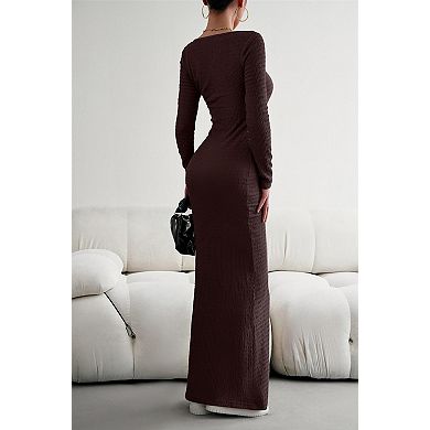 Women's Square Neck Long Sleeve Knit Maxi Dress Elegant Slim Cocktail Dresses