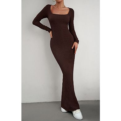 Women's Square Neck Long Sleeve Knit Maxi Dress Elegant Slim Cocktail Dresses