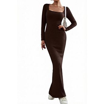 Women's Square Neck Long Sleeve Knit Maxi Dress Elegant Slim Cocktail Dresses