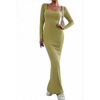 Women's Square Neck Long Sleeve Knit Maxi Dress Elegant Slim Cocktail Dresses