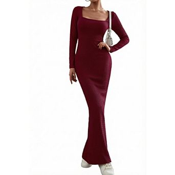 Women's Square Neck Long Sleeve Knit Maxi Dress Elegant Slim Cocktail Dresses