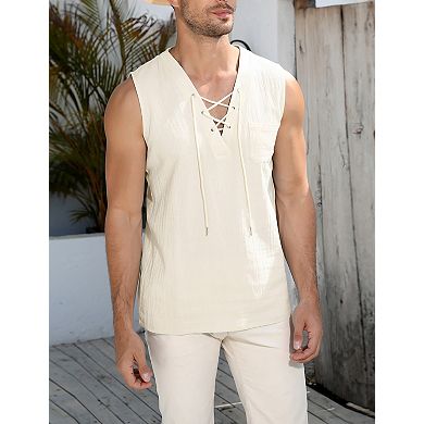 Men's Sleeveless Lace Up Tank Top Shirts Casual Beach Tunic