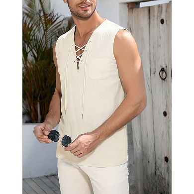 Men's Sleeveless Lace Up Tank Top Shirts Casual Beach Tunic