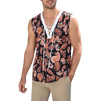 Men's Sleeveless Lace Up Tank Top Shirts Casual Beach Tunic