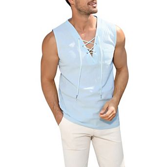 Men's Sleeveless Lace Up Tank Top Shirts Casual Beach Tunic