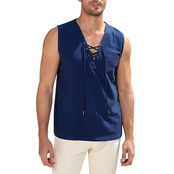 Men's Sleeveless Lace Up Tank Top Shirts Casual Beach Tunic