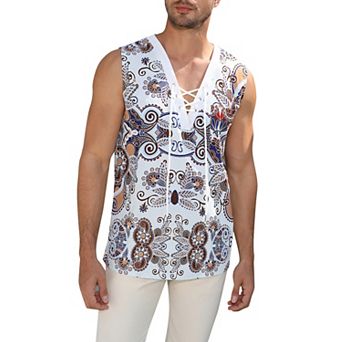 Men's Sleeveless Lace Up Tank Top Shirts Casual Beach Tunic