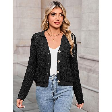Women's Collared Open Knit Cardigan Button Front Cropped Lightweight Sweater