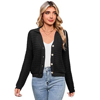 Women's Collared Open Knit Cardigan Button Front Cropped Lightweight Sweater