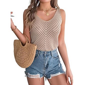Womens V Neck Sleeveless Tank Tops Lightweight Crochet Hollow Out Summer Beach Vacation Cool Vest